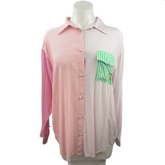 Terez Multi Colorblock Striped Collared Long Sleeve Button Up Shirt Top Size S - Picture 1 of 3